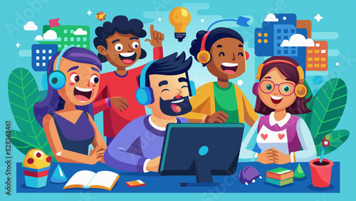 A modern flat design of a group of Indian friends playing video games online, laughing and communicating.
