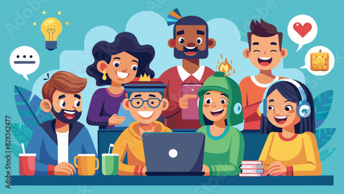A modern flat design of a group of Indian friends playing video games online, laughing and communicating.

