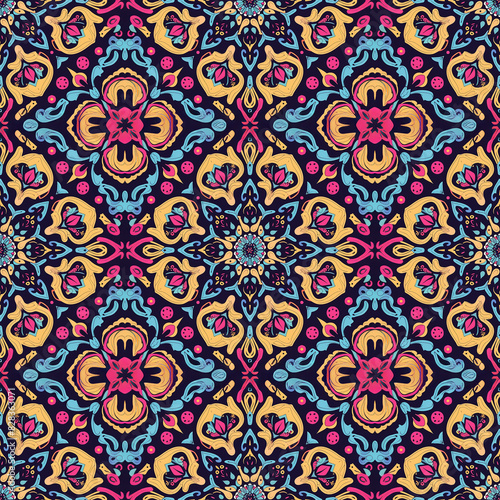 Colorful flower seamless pattern on black background