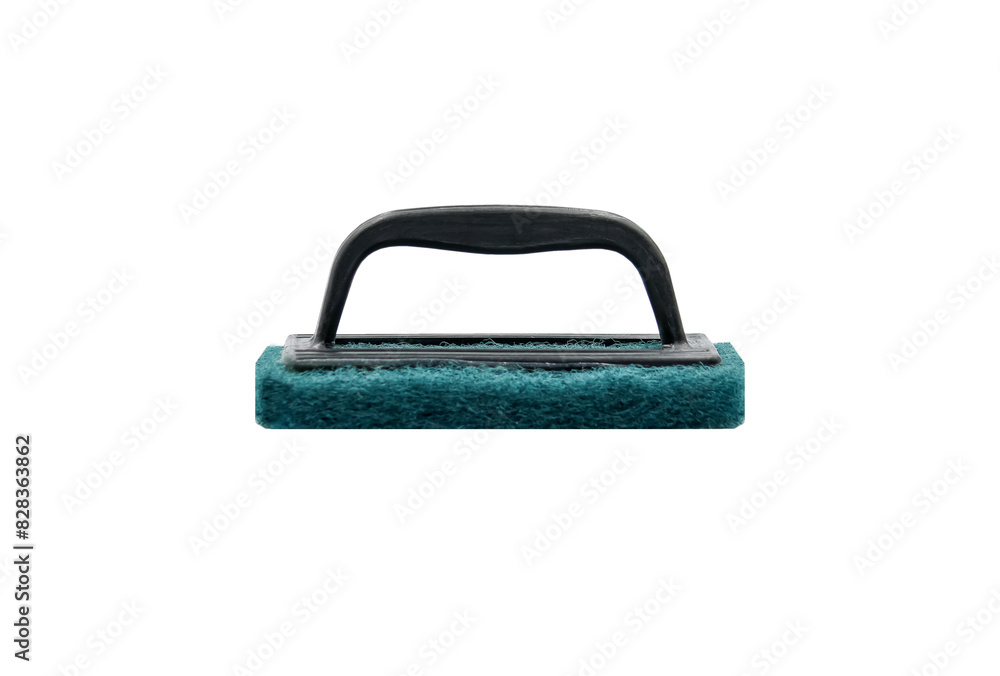 Green Heavy Duty Cleaning scourer Pad with black plastic handle isolated on white background, Cleaning table kitchen sponge or use for toilet washing Green Heavy Duty Cleaning scourer Pad with black plastic handle isolated on white background, Cleaning table kitchen sponge or use for toilet washing