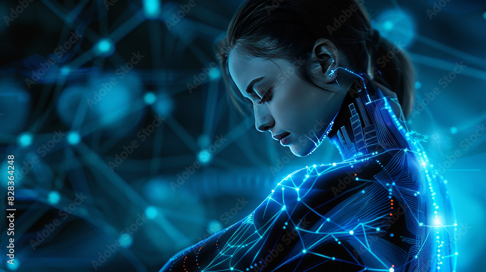 Woman massaging her shoulder, hologram showing muscle and joint structure, cyberpunk, digital art, dark and neon blue Woman massaging her shoulder, hologram showing muscle and joint structure, cyberpunk, digital art, dark and neon blue