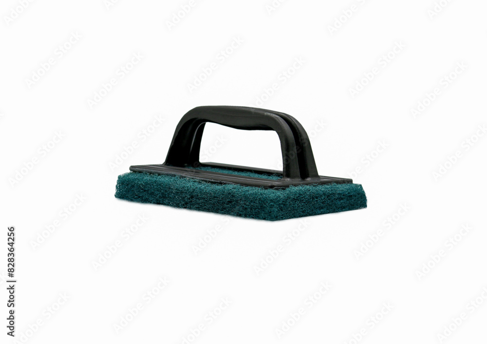 Green Heavy Duty Cleaning scourer Pad with black plastic handle isolated on white background, Cleaning table kitchen sponge or use for toilet washing Green Heavy Duty Cleaning scourer Pad with black plastic handle isolated on white background, Cleaning table kitchen sponge or use for toilet washing