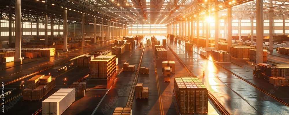 Fototapeta premium Active logistics center with sorting operations focus on theme supply chain whimsical Overlay distribution facility