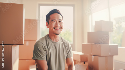 Asian Man alone in a new empty apartment with cardboard boxes, moving. © ALA