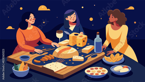 As the night went on the charcuterie board began to dwindle with the women devouring the last of the crusty bread sharp cheddar and tangy mustard.. Vector illustration