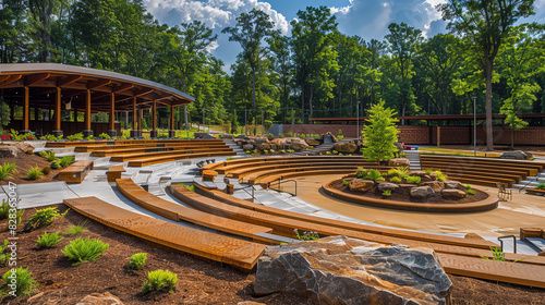 An outdoor amphitheater with a stage, stone seating, and a reflecting pool.