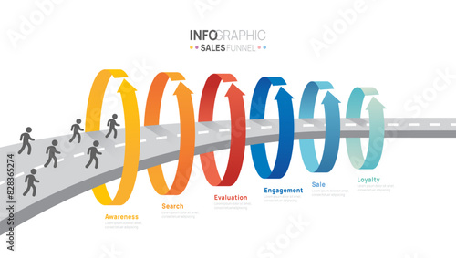 Sales funnel arrow infographic vector template with 6 steps for digital marketing and startup business.