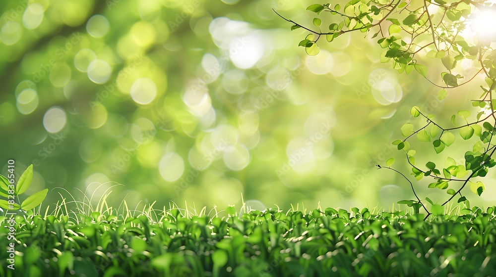A fresh spring sunny garden background of green grass and blurred foliage bokeh A fresh spring sunny garden background of green grass and blurred foliage bokeh