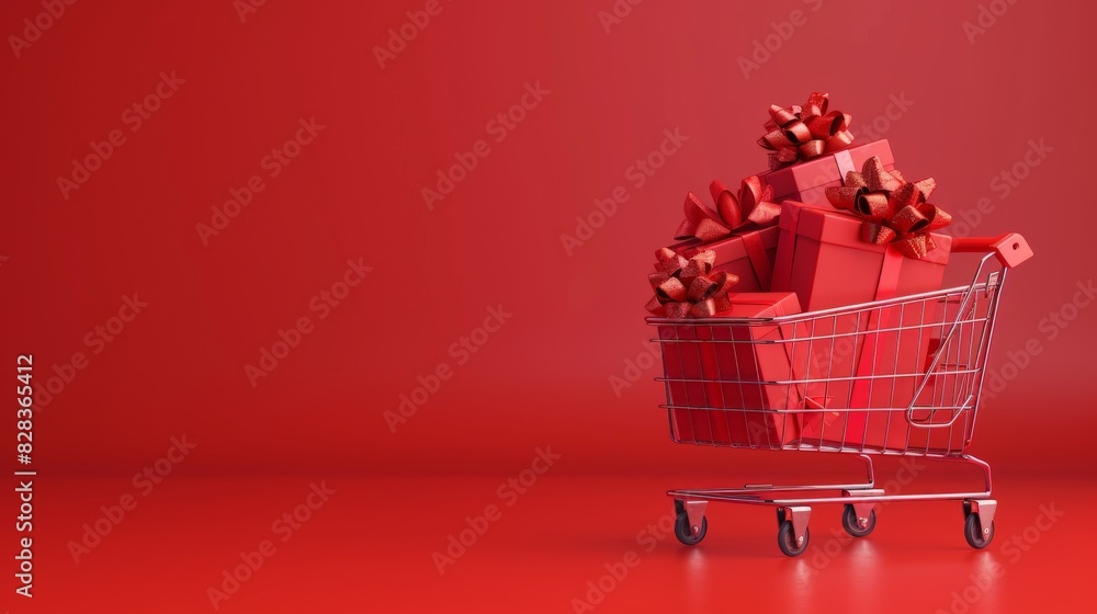 Colorful Gift boxes with red bows in a supermarket cart on a red background Colorful Gift boxes with red bows in a supermarket cart on a red background