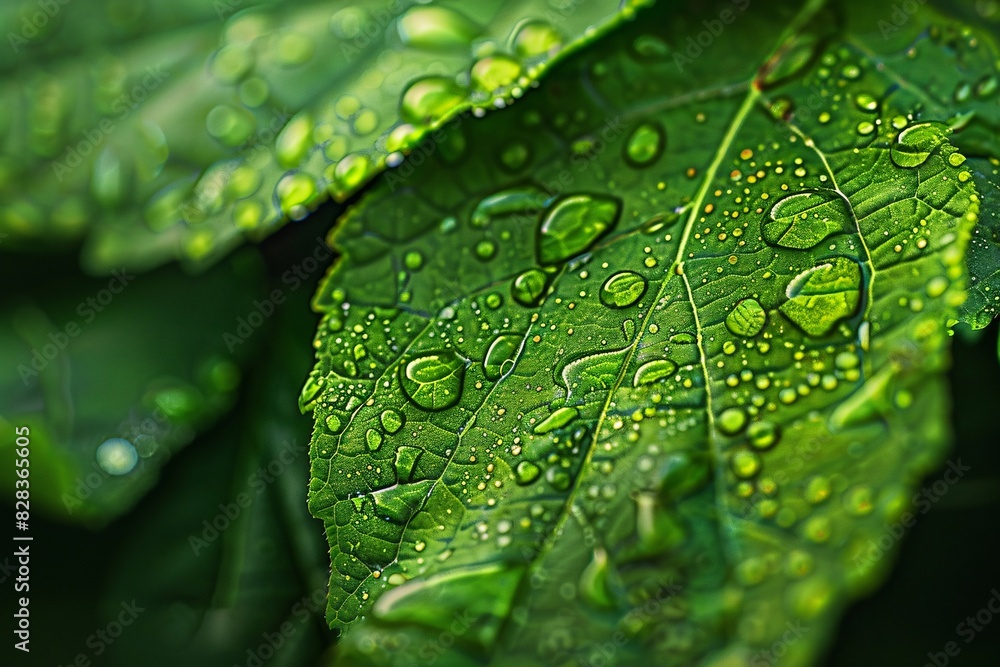 Vibrant Leaf Close-up with Raindrops Vibrant Leaf Close-up with Raindrops