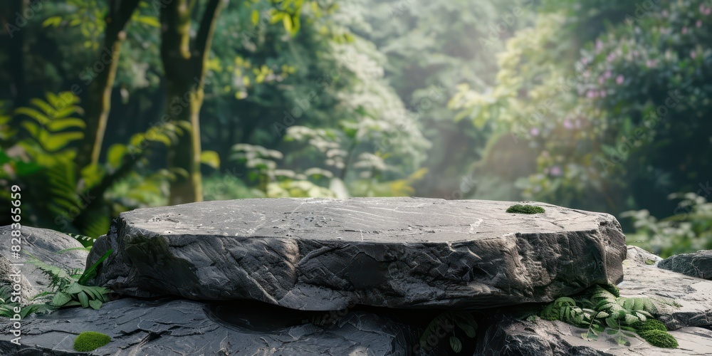 small stone podium on rock platform 3d illustration gray rock pedestal for product display green forest and blur small stone podium on rock platform 3d illustration gray rock pedestal for product display green forest and blur