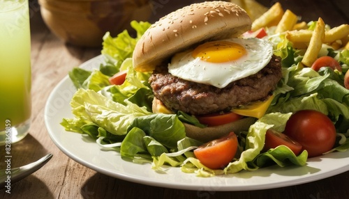 A healthy burger alternative with a beef patty topped with a fried egg, surrounded by fresh salad greens and tomatoes on a white plate.