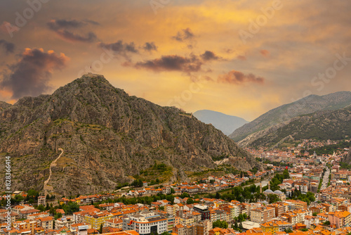 Fascinating view of the city of Amasya, also known as the city of princes. wonderful clouds coming out of the mountains. YESILIRMAK river.