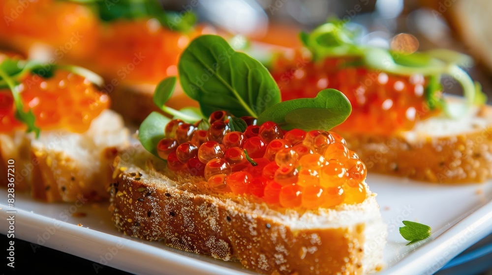 Sandwiches with red caviar Salmon roe on white bread garnished with leafy greens Sandwiches with red caviar Salmon roe on white bread garnished with leafy greens