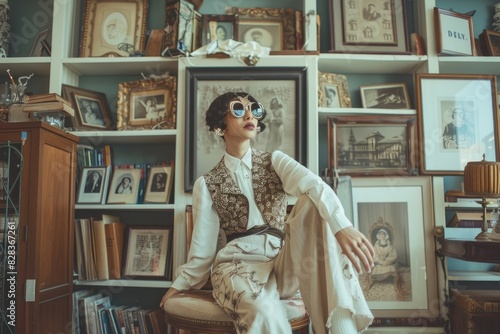 Elegant Woman in Vintage Fashion Sitting Among Antique Portraits
