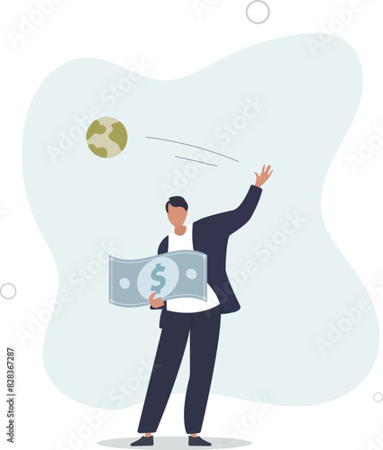 businessman company owner happy holding precious money coin while throw away planet earth.flat vector illustration.
