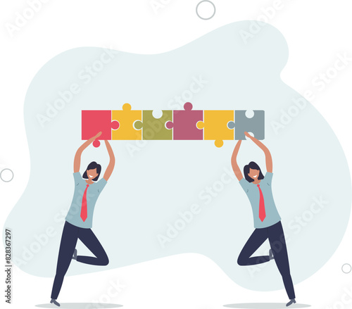 businesswomen colleagues or business partner assemble jigsaws together to complete the puzzle.flat vector illustration.
