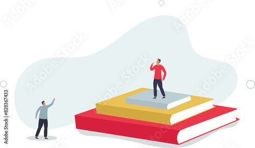 success young man on top of stack of textbooks look at other on the floor.flat vector illustration.