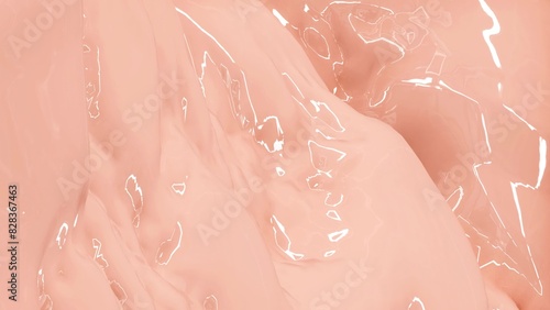 Cream peach glossy liquid background organic plastic 3d render abstract wave, elegant textile, macro soft smooth latex texture