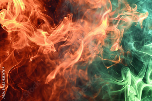 Event backdrop of rich coral smoke with lively neon green swirls, warm and vibrant.