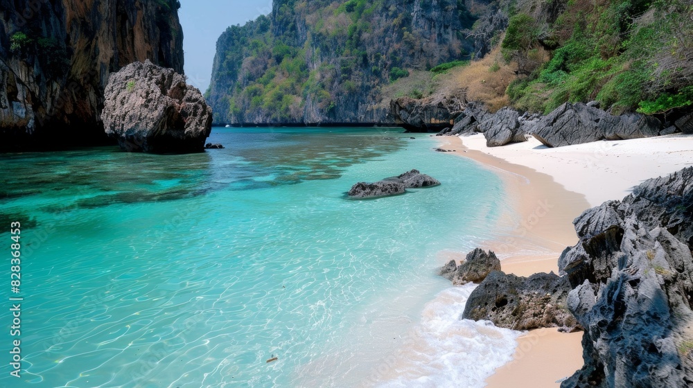 A secluded beach with pristine white sand and crystal blue waters surrounded by rugged cliffs. A secluded beach with pristine white sand and crystal blue waters surrounded by rugged cliffs.