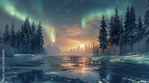Frozen Wilderness: a pristine winter landscape with snow-covered trees, a frozen lake, and the northern lights dancing in the sky. Highlight the purity and wonder of the winter season. photo