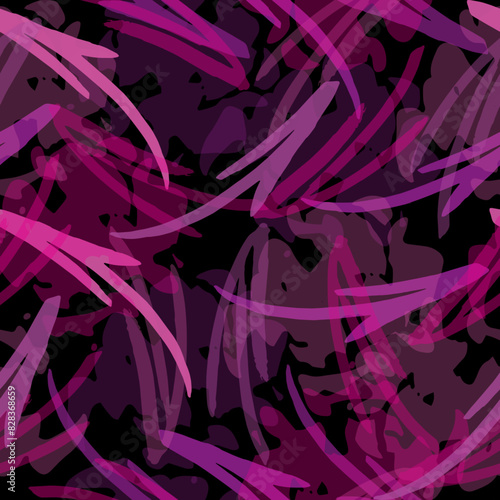 Abstract seamless pattern with chaotic arrow and shabby shape, dots, lines. Gradient colors background.