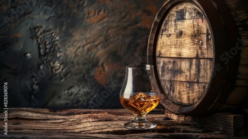 Glass of whisky cognac or bourbon in ornamental glass next to a vinatge wooden barrel on a rustic wood and dark background. photo