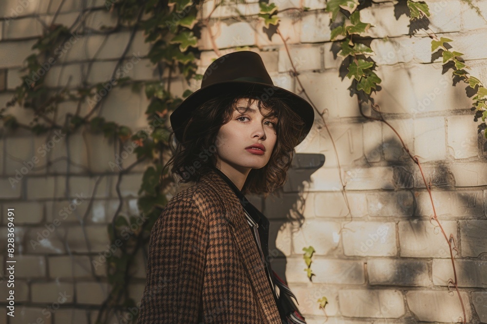 Stylish Woman in Hat with Vintage Aesthetic Against Ivy-Covered Wall