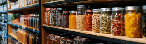 Many jars of food on the shelves in the store, food background  photo
