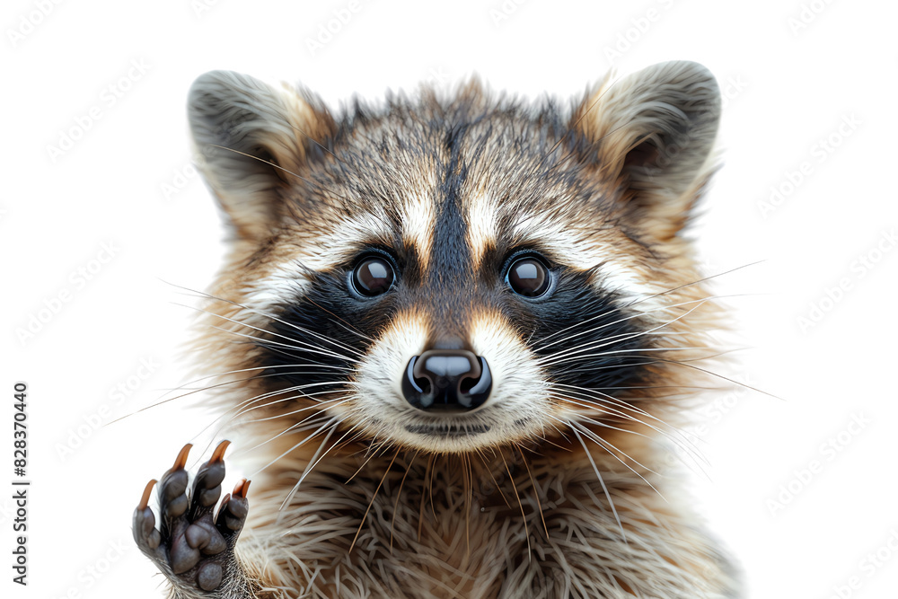 close up of a raccoon isolated on white transparent background