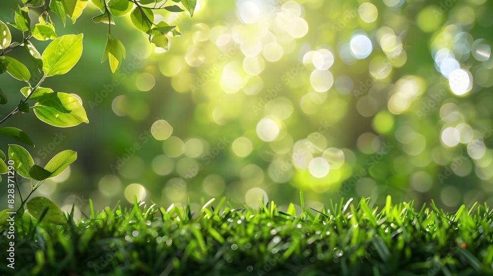 A fresh spring sunny garden background of green grass and blurred foliage bokeh A fresh spring sunny garden background of green grass and blurred foliage bokeh