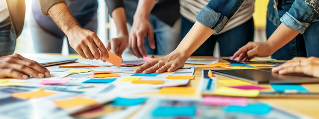 Team hands working with sticky notes on table, creative meeting concept, blurred background. Generative AI
