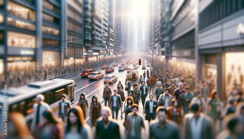 A bustling city street with people and traffic, captured in soft focus, bathed in sunset light. Generative AI