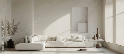 Minimalist living room in white color with a stylish white sofa  simple wall art  and an airy ambiance