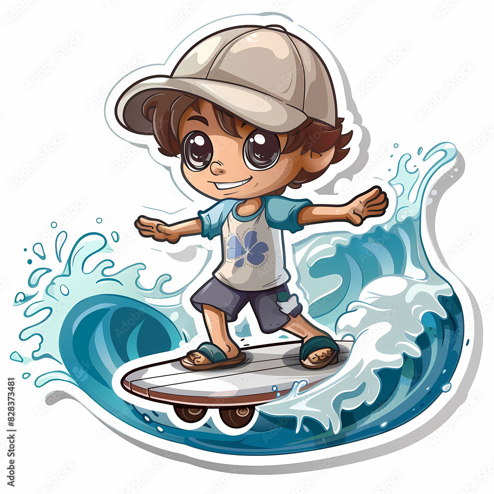 Cartoon surfer Cute boy on a White Canvas Sticker,vector image Cartoon surfer Cute boy on a White Canvas Sticker,vector image