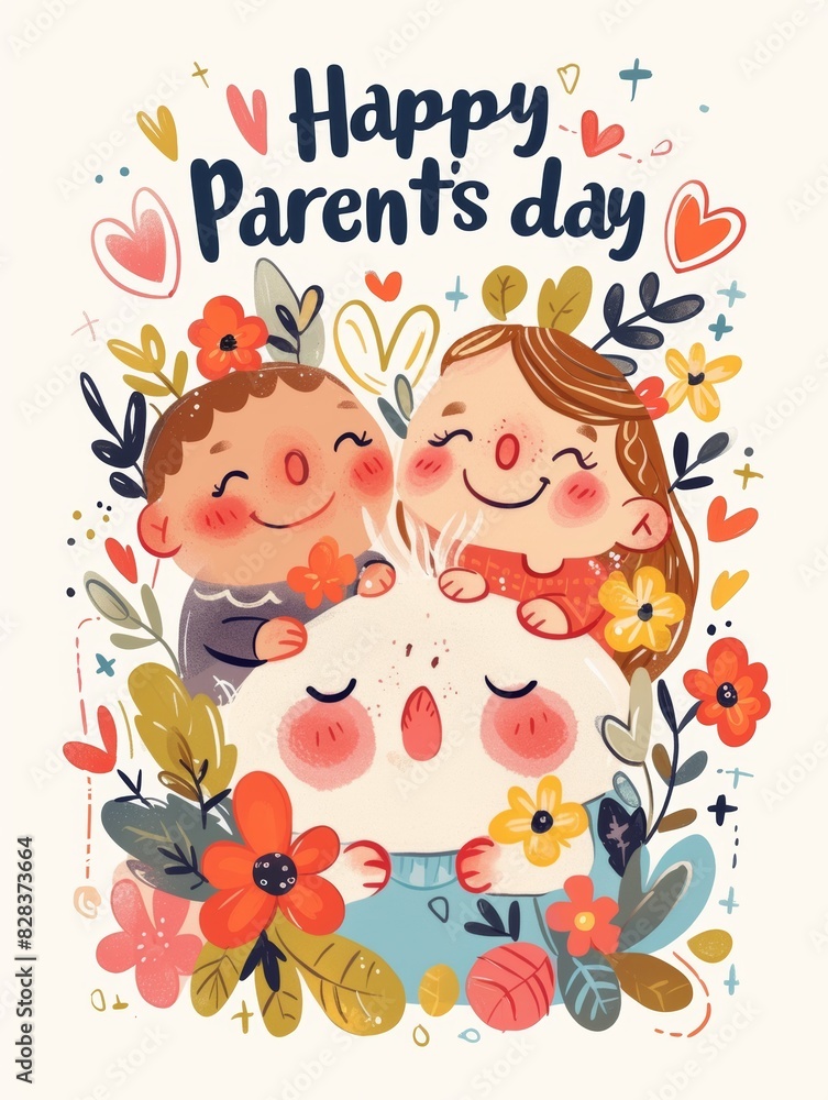 Fototapeta premium Happy parents' day. Illustration for the international family day. Happy parents and their children.