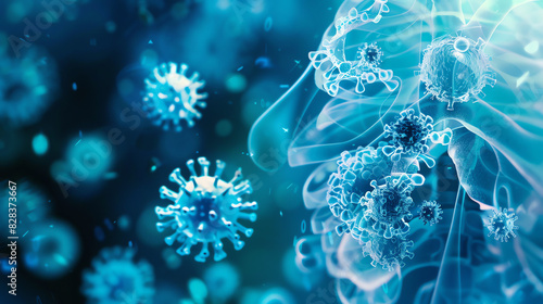 A blue and black image of viruses with a human head in the center. The viruses are round and have spikes sticking out of them. The human head is in profile and looks like it is screaming.