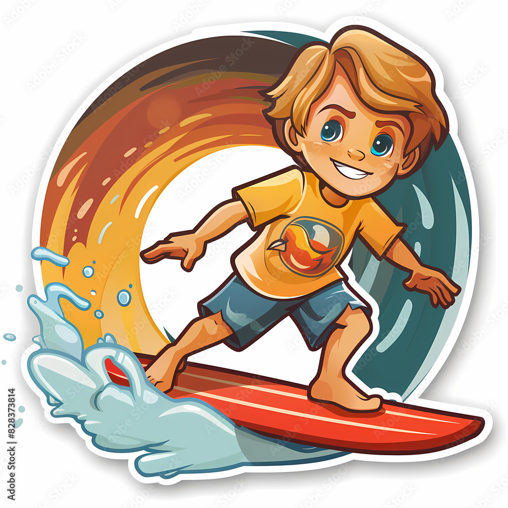 Naklejka premium Cartoon surfer Cute boy on a White Canvas Sticker,vector image