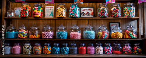 Shelves filled with jars of colorful candies and sweets, creating a nostalgic and inviting candy shop atmosphere, Banner.