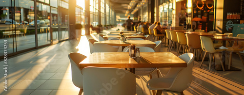 Blur coffee shop or restaurant with abstract bokeh light image background. People in store Blur Background or design key visual layout. 