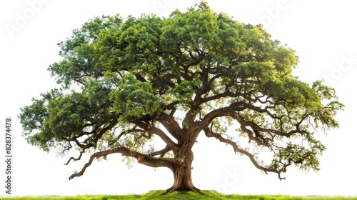 A majestic oak tree with sprawling branches and lush green leaves  standing alone with no background