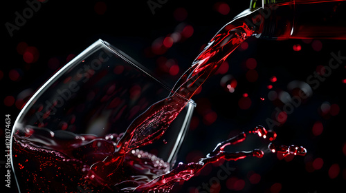 High-contrast image of a glass of red wine being poured, with light creating reflections and shadows on the liquid and the glass.