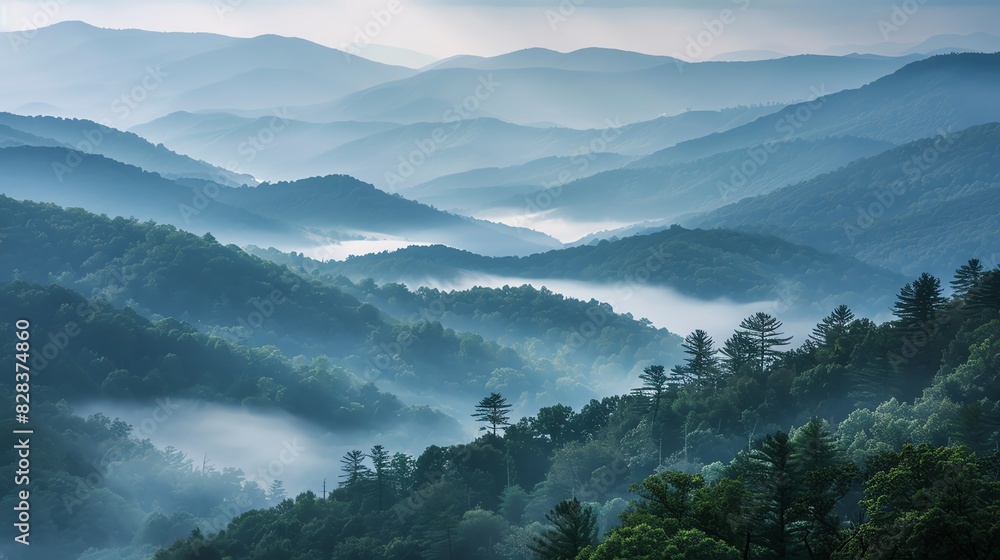 A panoramic view of misty mountains, with rolling hills and valleys shrouded in fog. The blue hues create a sense of tranquility and serenity. A panoramic view of misty mountains, with rolling hills and valleys shrouded in fog. The blue hues create a sense of tranquility and serenity.