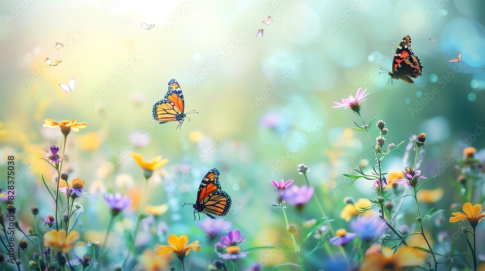 Three butterflies flutter over a field of colorful wildflowers. The sunlight shines through the flowers, creating a magical atmosphere. Three butterflies flutter over a field of colorful wildflowers. The sunlight shines through the flowers, creating a magical atmosphere.