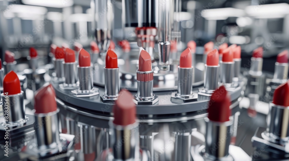Lipsticks with a filling machine in a cosmetics factory with a conveyor.
Lipsticks with a filling machine in a cosmetics factory with a conveyor.