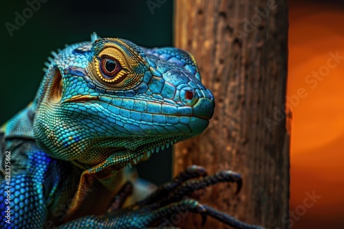 Close up of a lizard perched on a tree. Suitable for nature and wildlife themes