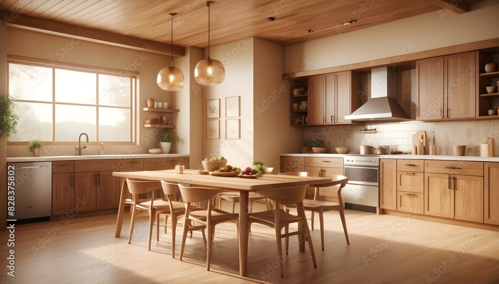 Modern light kitchen interior with dining area near window, wooden concept, 3d rendering Modern light kitchen interior with dining area near window, wooden concept, 3d rendering