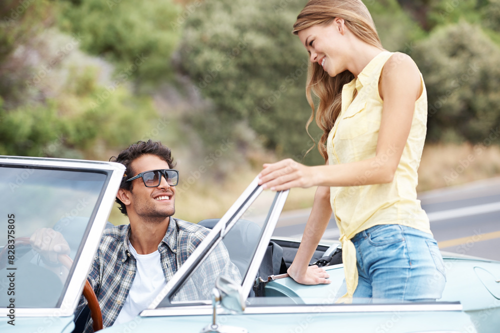 Happy, talking or couple in countryside on road trip on holiday together for love, travel or adventure. Break, convertible or people in car on outdoor vacation for journey, drive or honeymoon romance Happy, talking or couple in countryside on road trip on holiday together for love, travel or adventure. Break, convertible or people in car on outdoor vacation for journey, drive or honeymoon romance