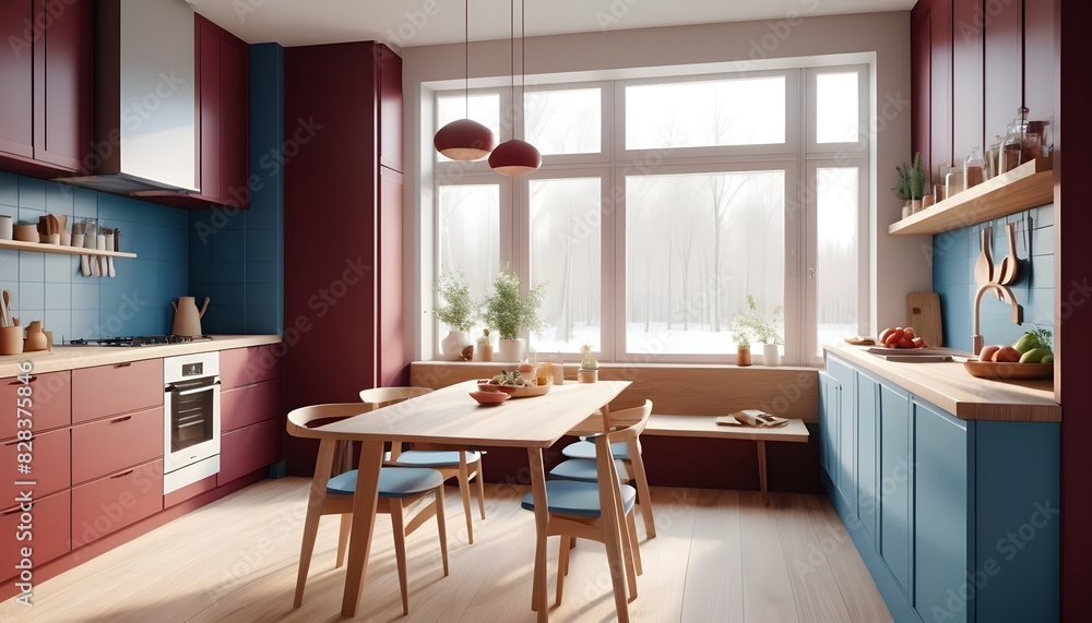 Modern light kitchen interior with dining area near window, wooden concept, 3d rendering Modern light kitchen interior with dining area near window, wooden concept, 3d rendering